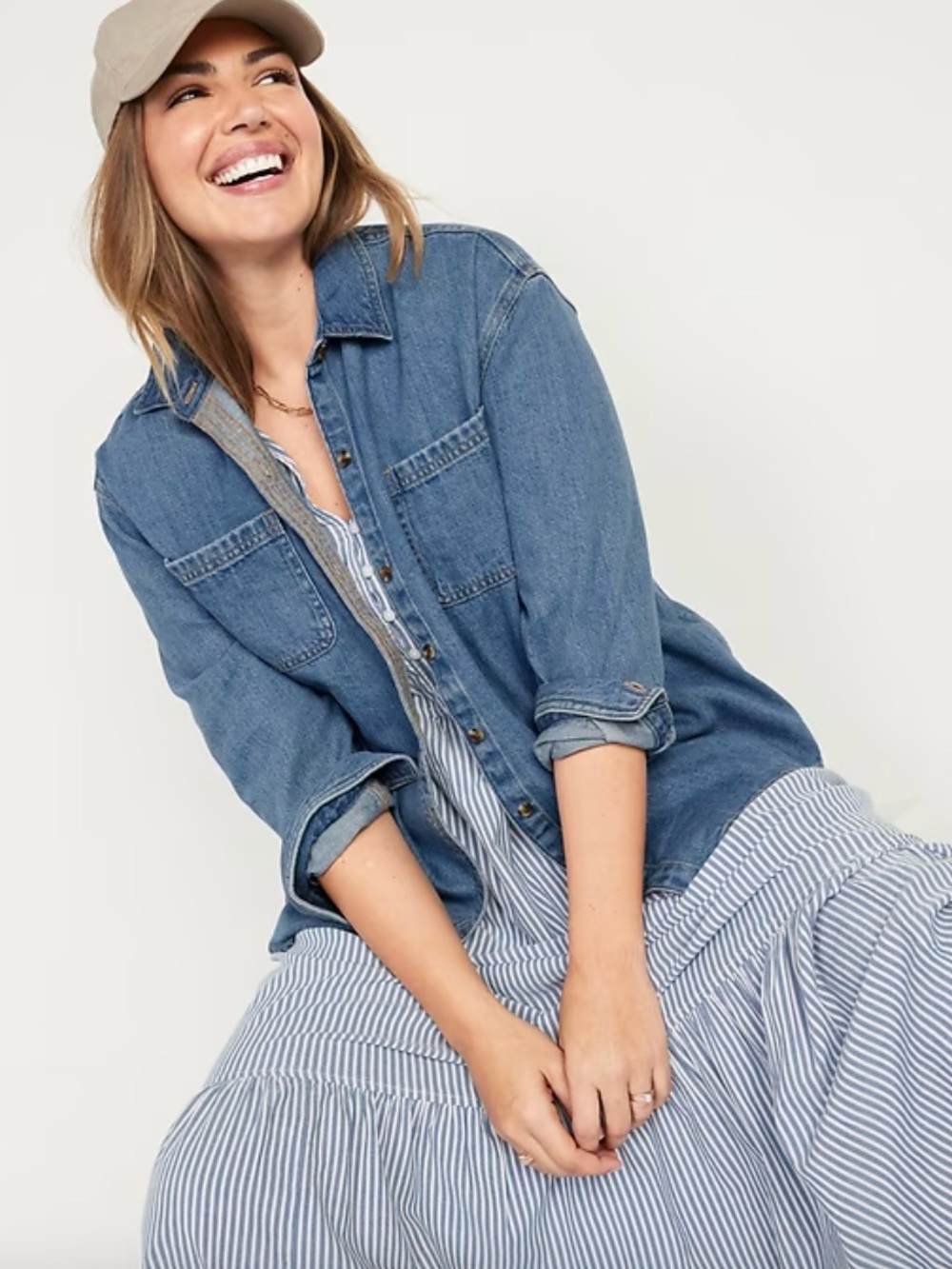 Old Navy Oversized Boyfriend Utility-Pocket Jean Shirt Medium Wash 100% Cotton